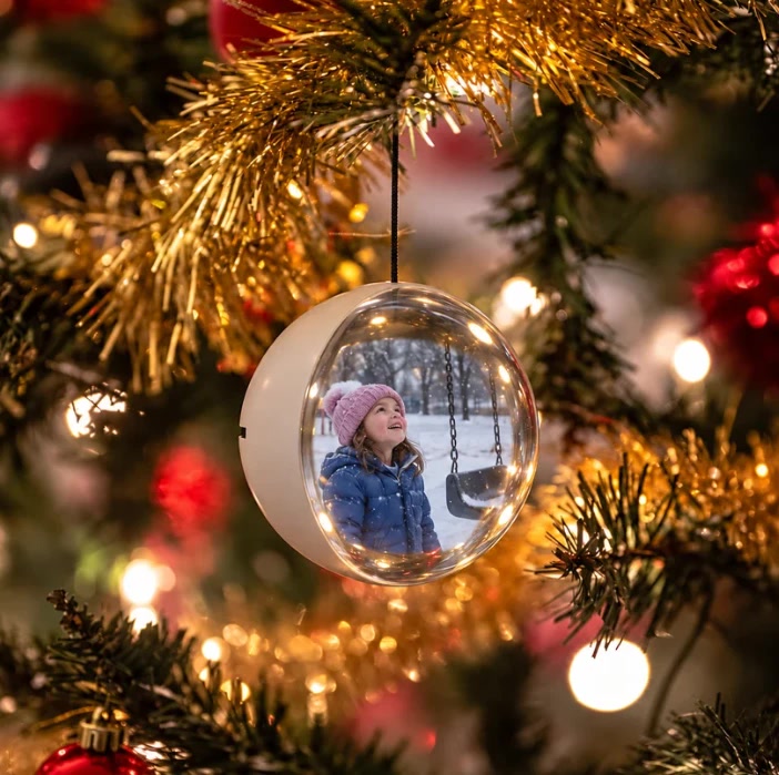The Cherish Orb hanging on a Christmas tree